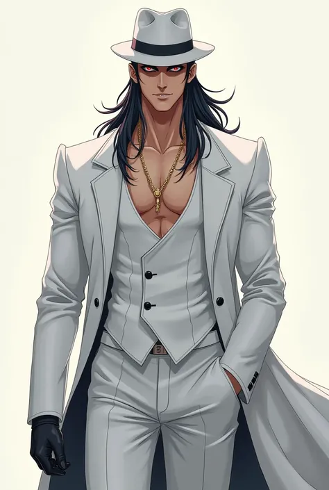 a tall anime style man with long black hair, dull red eyes, an impeccable physique with big muscles, white suit and hat with a glove on the right hand, with a smile on his face that hides a cold and manipulative personality