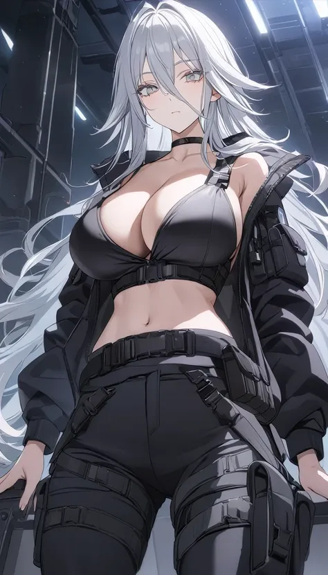 sovetsky_Soyuz, grey hair, long hair, tactical jacket, black pants, midriff, choker, webbed belt, tactical, pouches Cleavage, large breasts, first rate breasts, grey eyes, sharp eyes, Long eyelashes, eye shadow, ominous vibe, expressionless, stoic, relaxin...