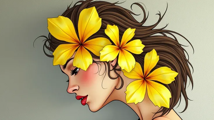 Sensual-faced woman with yellow ipê flowers in her brown hair, light brown eyes and tanned skin, blue background