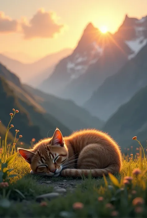 Small brown tabby cat ,asleep on the grass at the foot of a mountain at sunset 