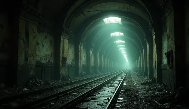 a vast network of abandoned and dilapidated metro stations and tunnels, shrouded in darkness with intermittent lighting, cinematic,moody, dark fantasy, highly detailed, 8k, dramatic lighting, gritty, atmospheric, chiaroscuro, gothic architecture, cobwebs, ...