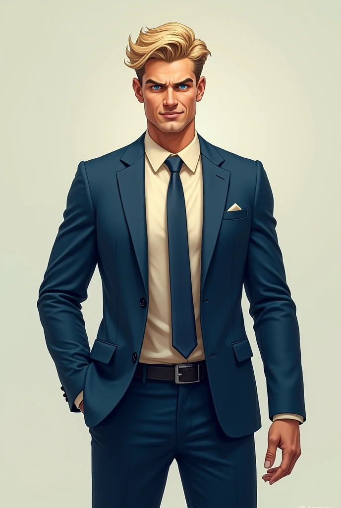 ((best qualityer,4K,high resolution,work of art:1.2)),((concept character art)), 1 men, 20 years old, standing in a erect postur, deep blue suit, cream color shirt, light tanned skin, clean face, smirk smile, cocky atitude, blue eyes, blond wavy hair,  (st...