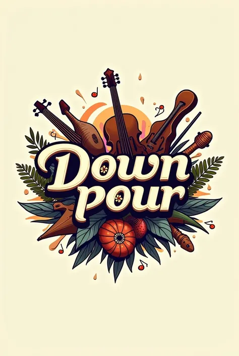 Logo that says downpour in large letters and with musical instruments in Spanish

