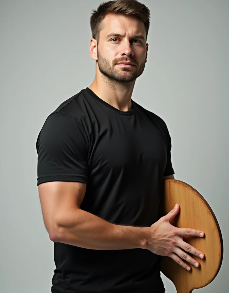 realistic photo russian man 30 years old in black shirt, stands sideways and holds a board with pizza in one hand, on a light background Professional waist-up photo , side view, light background, light from the right on the model, and the model is turned t...