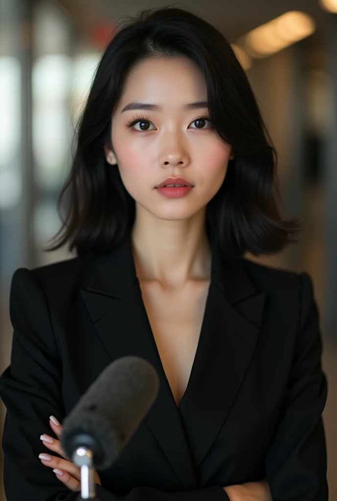 (thin lips:0.9) (black eyes) (Broadcast Microphone:0.5) (Black suit) (Korean Woman) (Black perm medium length hair) (Light makeup) (Clear eyes)