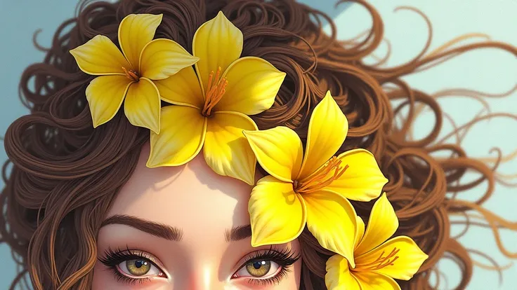 Sensual-faced woman with yellow ipê flowers in her brown hair, light brown eyes and tanned skin, blue background