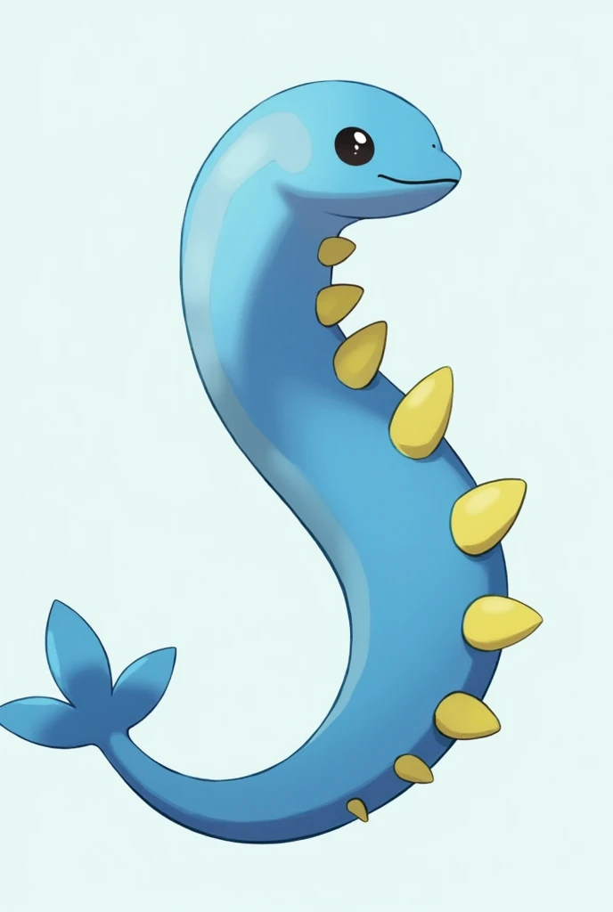 a mainly blue colored Pokémon with an eel-like body. Its elongated, The limbless body has a continuous row of yellow and semicircular dorsal fins and runs into a tail fin, which is shaped like a small fish
