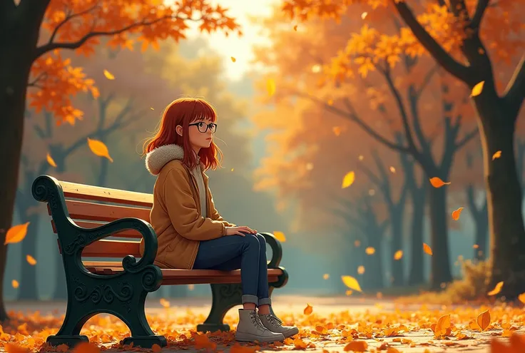 beautiful autumn park with golden leaves, colorful falling leaves, a beautiful girl with 1980s prescription glasses in a cute fluffy jacket with auburn hair sits on a bench, highly detailed scene, bright colors, rich atmosphere, sharp focus, anime