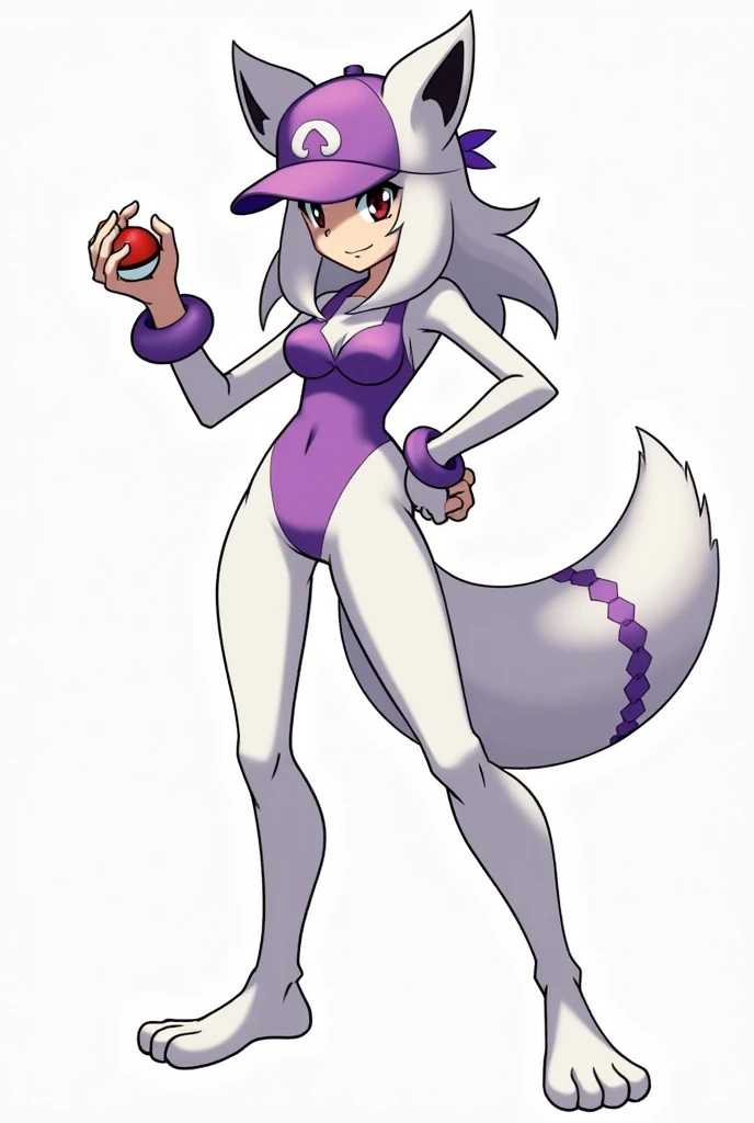 Pokémon Trainer Sprite in the style of Pokémon Heart Gold & soul silver of a white Furry Girl with a slim body and a cap that matches the accessories, a long tail that has a purple ribbon and that has a pose similar to that of Pokémon&#39;s Red while holdi...