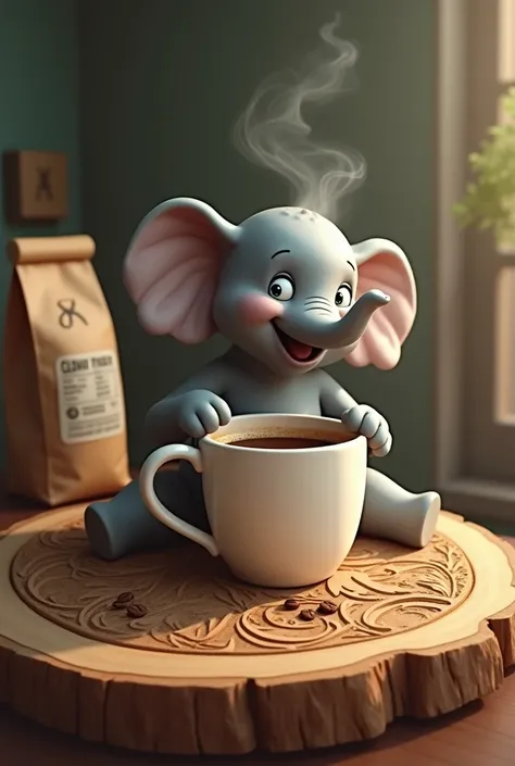 Face grains on a wooden table, coffee beans in a bag on the left side, a happy elephant drinking a cup of coffee 