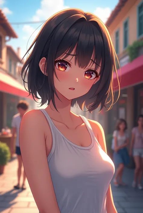 at tourist attraction in Europe, getting angry, short length black hair, raised an arm, 128k Bluray Extreme UHD 4K high quality image of anime At town. She is wearing white sleeve less shirt. She looks at me with a radiant smile. The woman is dazzlingly be...