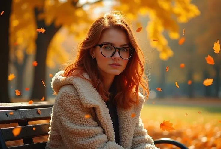 fotografia raw tomada con un iphone 15 beautiful autumn park with golden leaves, colorful falling leaves, a beautiful girl with 1980s prescription glasses in a cute fluffy jacket with auburn hair sits on a bench, highly detailed scene, bright colors, rich ...