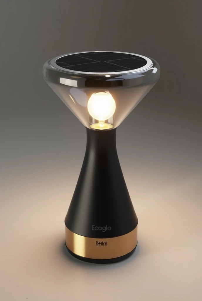 Create a lamp called EcoGlo, which has the following characteristics:

Recycled aluminum base Made with high quality recycled plastic and recyclable tempered glass Black and gold colors Brand "EcoGlo" Laser engraved on the base Must integrate a solar panel...