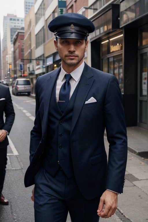 A handsome man. He wear 3 piece suit. Suit Color is deep Navy blue. He took up a hombarg hat. On the city road. The men is very handsome and intelligent. SD. HD. 4K. 8K. IMAGE.