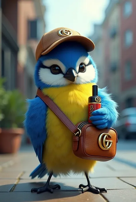 Create me a blue tit with Gucci cappy Gucci fanny pack e cigarette and e scooter