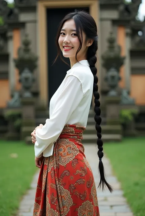 Editorial fashion photography, a beautiful Korean woman, black braided hair, wearing a plain white bef kebaya, jarit batik motif, white high heels, standing in a graceful pose, smiling at the camera. Background of the garden at the Bali Hindu temple