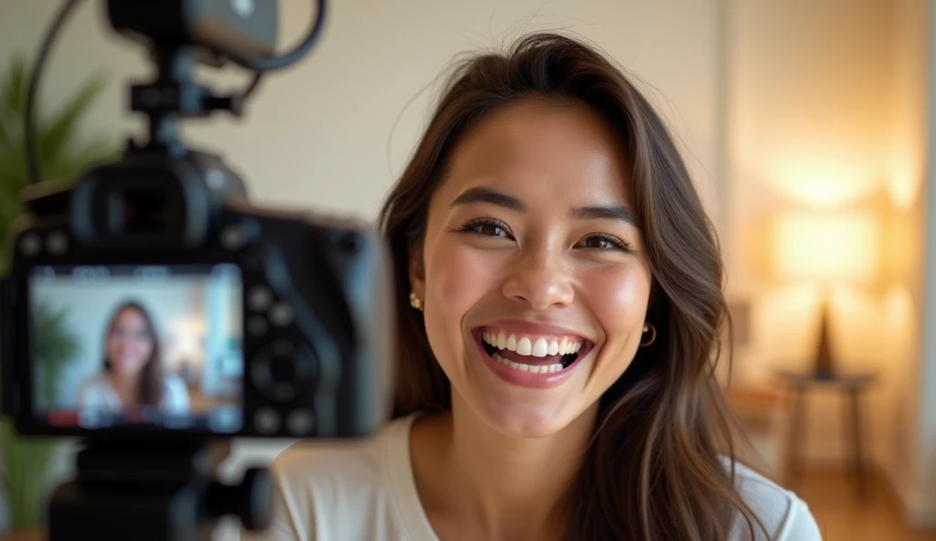 Photo of a happy and beautiful woman doing Video Recording