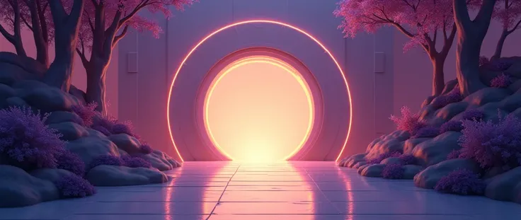 Create a modern and cozy illustration in the center, highlights a futuristic portal that symbolizes a path to learning and personal growth.
with a modern and futuristic elegant design in purple tones. The atmosphere must be enveloping and welcoming, focuse...