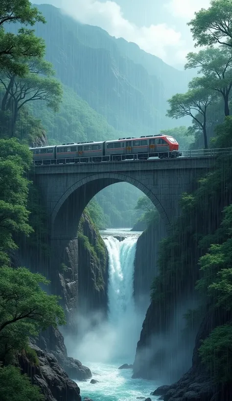 A train is crossing within a forest bridge during rain . This is actually a jungle. Like Jurassic wold. Japanese anime. Waterfall is blowing under the bridge . In a Switzerland based photo 