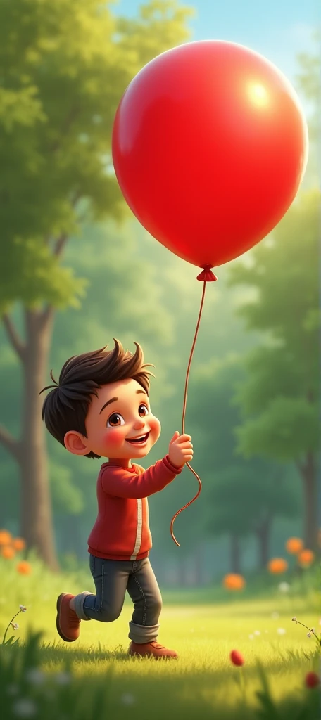 A  is shown playing in a park, holding a red balloon.

The boy smiles brightly and hugs the balloon.


