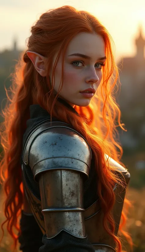 (masterpiece), (extremely intricate:1.3), (realistic), portrait of a red headed elf girl, the most beautiful in the world, (medieval armor), metal reflections, upper body, outdoors, intense sunlight, far away castle, professional photograph of a stunning w...