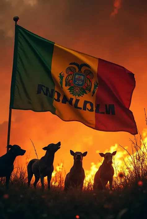 Animals crying in the middle of the burning Amazon with a red yellow green flag with letters in the photo. Let them say I am Bolivia, enough with the fires 