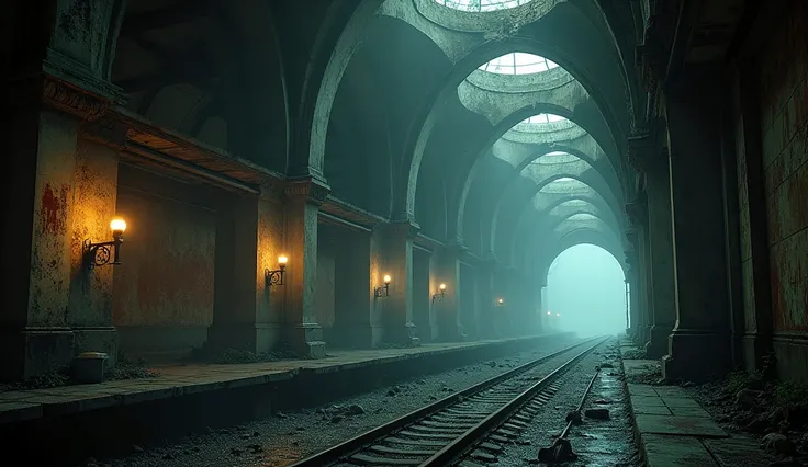 a vast network of abandoned and dilapidated subway stations and tunnels, shrouded in darkness with intermittent lighting, cinematic,moody, dark fantasy, highly detailed, 8k, dramatic lighting, gritty, atmospheric, chiaroscuro, gothic architecture, cobwebs,...