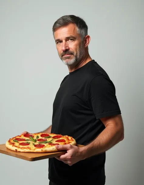 realistic photo russian man, Age 40, in a black shirt, stands sideways and holds a board with pizza in one hand, on a light background Professional waist-up photo , side view, light background, light from the left on the model, and the model is turned to t...