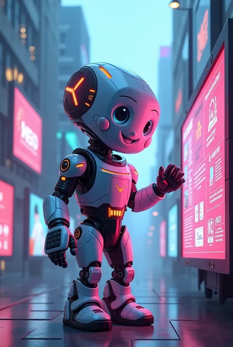 "Create a futuristic mascot image for a tech company that uses billboards. The mascot must be a friendly and modern creature, with a robotic design and vibrant colors, incorporating elements such as LED lights and interactive screens. He must be interactin...