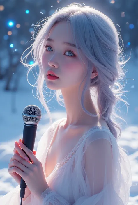 (Broadcaster, dj:1.2) (Scattered silver hair:1.1) (Blue eyes:1.2) (Broadcast Microphone:0.5) (Colorful stars in the snow:1.0) (Shining sparkle:1.1) (Thin lips:1.0) (Gabi: white dress) Korean women 