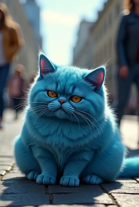 /imagine prompt: A chubby Fat blue cat sitting on an asphalt road, tears streaming down its face, surrounded by pedestrians walking in the background, creating a surreal and melancholic atmosphere, hyperrealistic style with intricate fur details, illuminat...