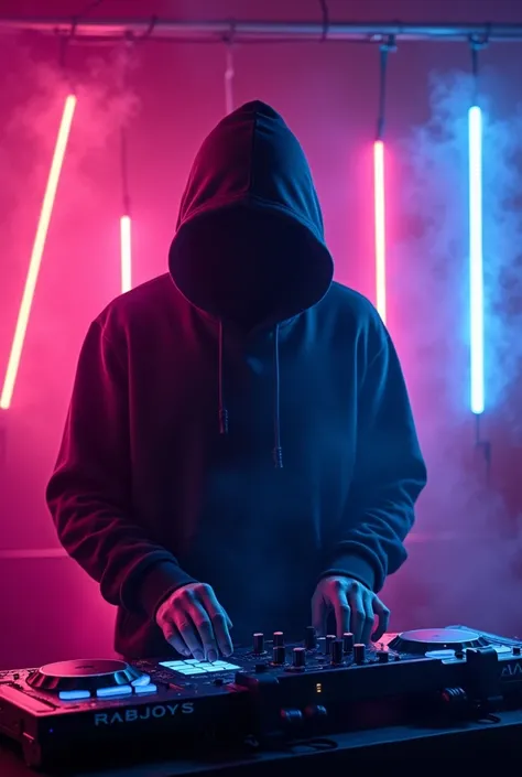 Hooded guy, neon light, and beats pad 