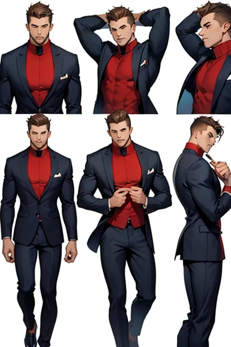 A portait sheet of a faceless muscular male character base model in various poses for a date simulator