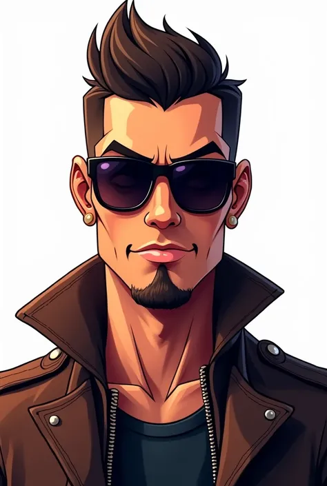 close up sexy 2d cartoon drawed short haired guy leather jacket dark sunglasses standing straight towards me full white background