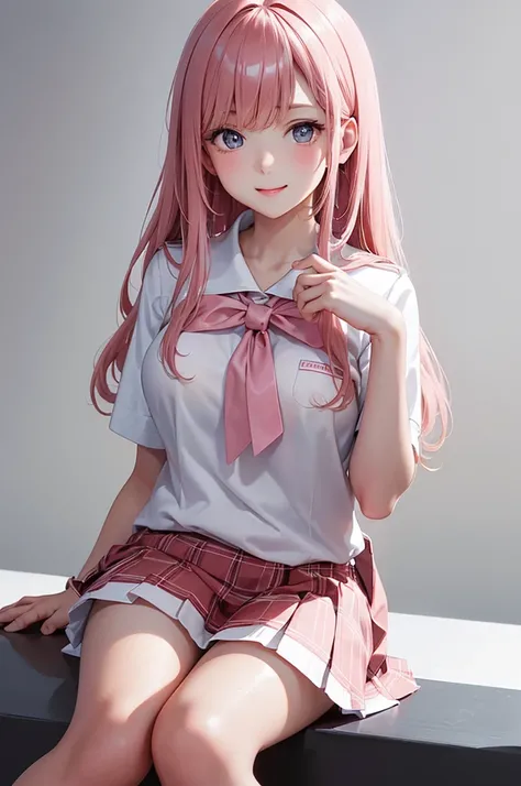 Best Quality,High resolution,8k,(plain white background, no patterns, no textures, just a plain white background:1.3),Masterpiece:1.2),beautiful girl,Big Breasts,(Shiny pink hair:1.3),messy hair,Beautiful pink eyes,Depict a Japanese high school girl. She i...