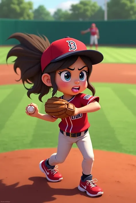 A fat and worried girl pitcher, with his tongue sticking out as he pitches in a D-backs baseball uniform