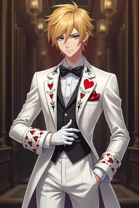 a teenager with blond hair, blue eyes, the outfit he wears is a white tuxedo with heart card details, white dress pants with black shoes, He wears a black bow around his waist and has a Bulçola attached to his pants pocket., he wears fancy white gloves and...