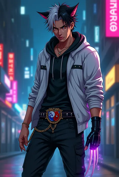 Boy age 20, latin, brown eyes, black hair bleached white mix, cat ears, white hoodie with zebra lines open, black hoodie shirt inside, black cargo pants, only wolverine right hand, violet flames, belt with a blue and red ying yang, chains around the belt, ...