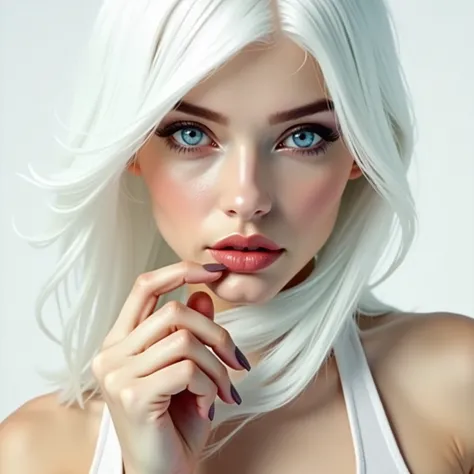 A beautiful detailed girl with expressive light blue eyes, long flowing aqua hair, glitter makeup and glossy lips. She has a perfect face with small detailed lips, a sharp gaze, and realistic pupils in the style of Ilya Kuvshinov. The girl is wearing a cya...