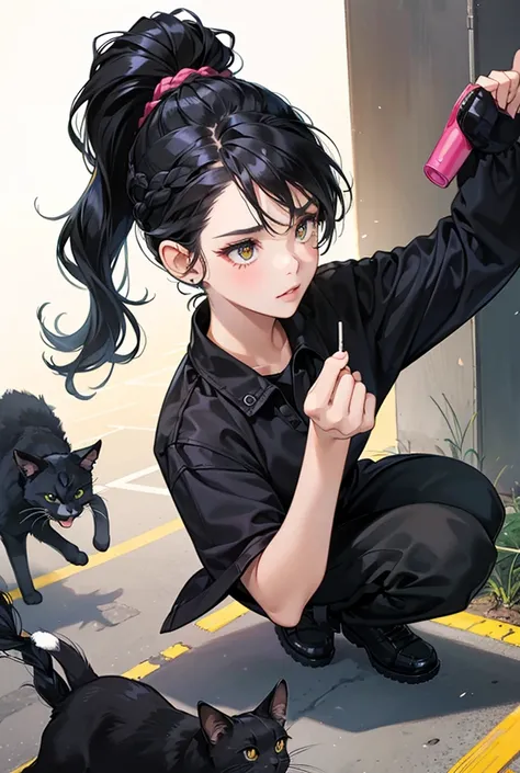 1 girl, black hair braided into a messy ponytail, street, girl spray paints a black cat in a witch&#39;s hat on the wall of a house, view from the back, dark blue open leather jacket, black denim shorts, Long black knee socks, black sneakers