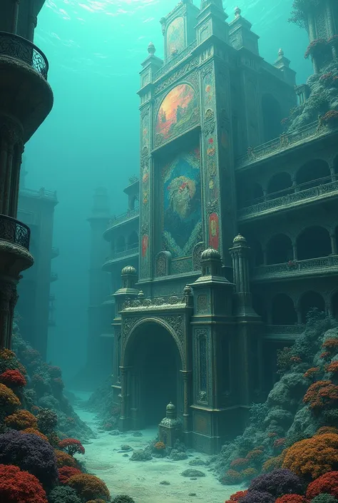 Underwater city with murals and art paintings without fish and without people, High quality image with measurements for youtube cover