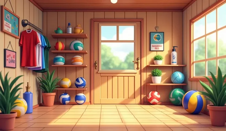 as a room where volleyball equipment is kept, that it is a 2D animation type without the volleyball net being extended