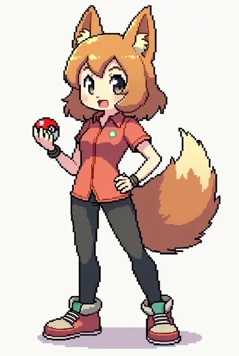 Sprite al estilo de Pokémon heartgold De una Chica Furry Entrenadora con una vestimenta Similar a la de Gary Oak de pokemon Sosteniendo una pokeball con una pose única Y con pelo medio largo y cola larga 