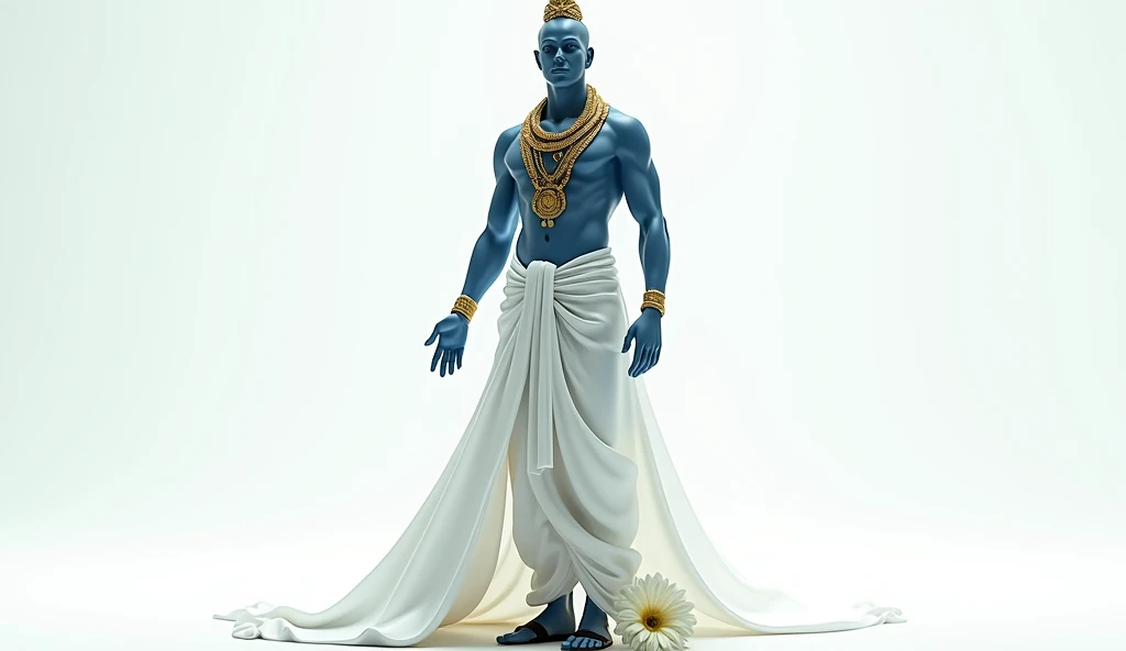 Buffalo setting Yamraj, body colour blue golden Jewellery, White cloth, black slipper side flower white background  hand gesture  3D style light imaging