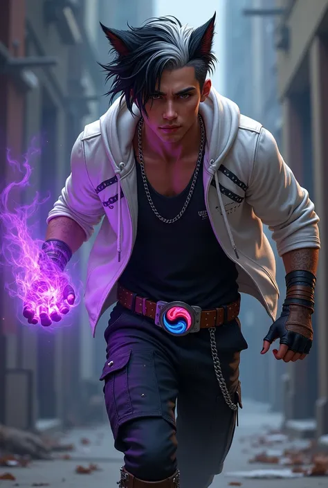 Boy age 20, latin, brown eyes, black hair bleached white mix, cat ears, white hoodie with zebra lines open, black hoodie shirt inside, black cargo pants, only wolverine right hand, violet flames, belt with a blue and red ying yang, chains around the belt, ...