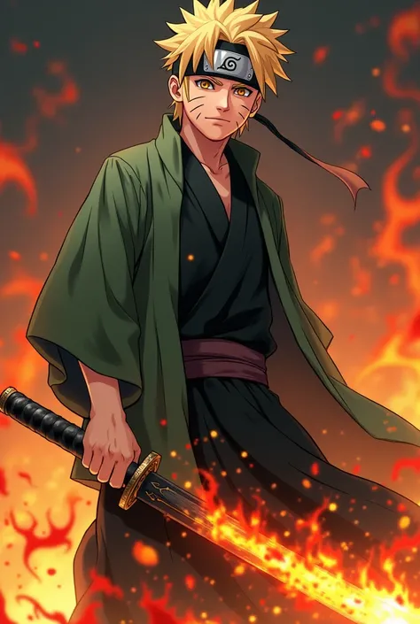  Naruto if he had Tanjirō Kamado&#39;s features and costume, with a black sword breathing fire