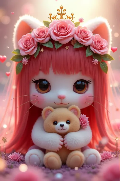 Hello kitty with dark brown eyes, outlined ,straight red hair, com rouoa rosa com glitter, holding a kitten teddy bear 