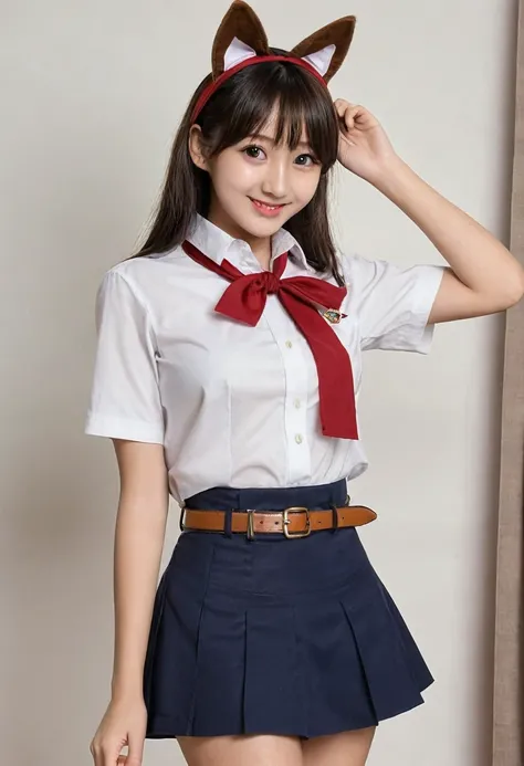 (young girl:1.4), young slim fit girl, at full height, rounded face, snub nose, (very long disheveled dark brown hair:1.4), big brown eyes, shy smile, (perfect flat breast:1.3), band on head with fake cat ears, parororo, pioneer neckerchief, blue thight mi...