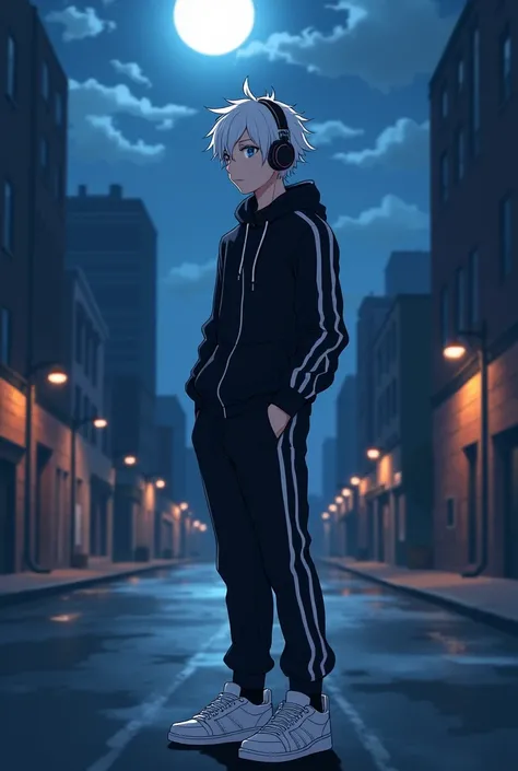 anime man with white hair blue eyes wearing g track suit black with white sneakers with headphones on seeing the moon background be street lights with building