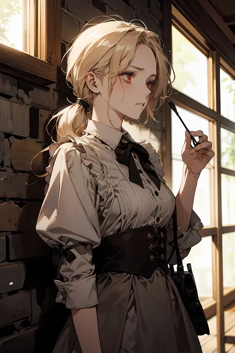 "(masterpiece, high resolution:1.3), Close up, A one blonde-haired woman with pony tail and red eyes, sad gently. She is dressed in an old, tattered maid outfit, standing in an ancient, worn-down house. The house features wooden beams and stone walls, dust...